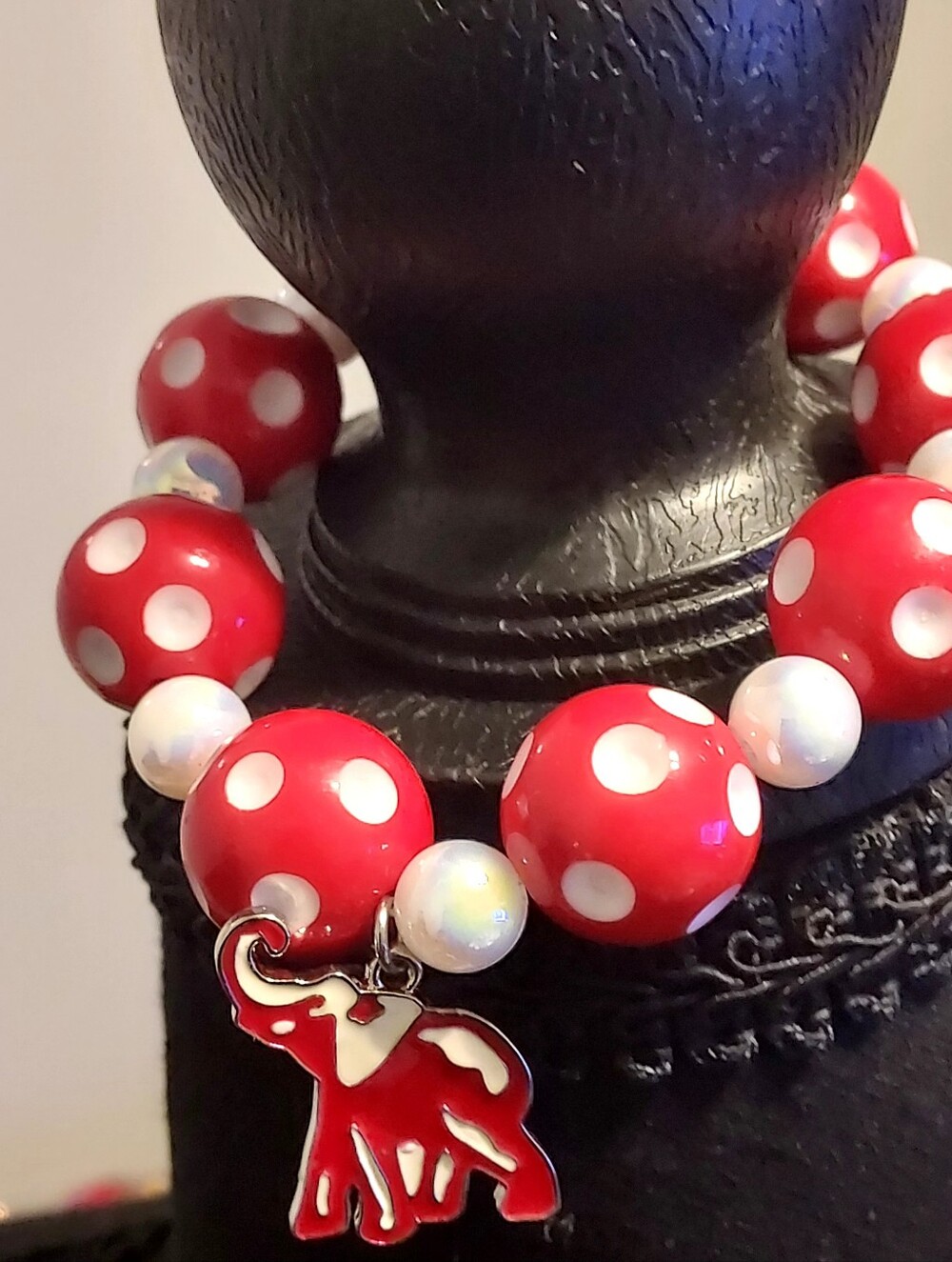 Handmade DeltaRed and White Polka Dot Chunky Beaded Necklace with Elephant Charm